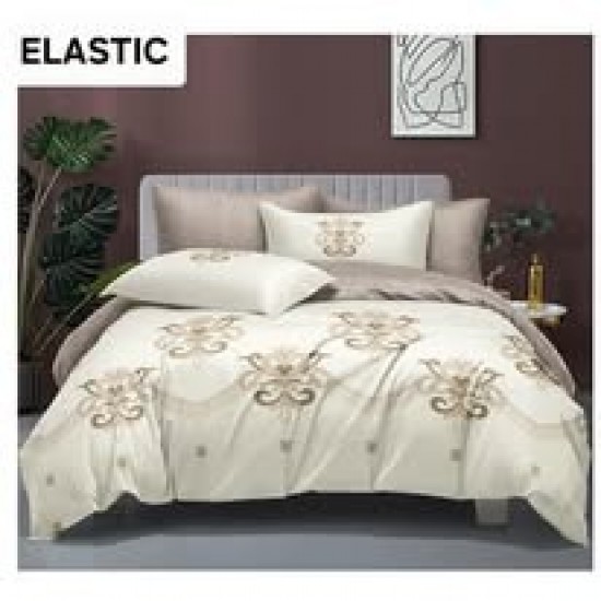 Set Lenjerie Pat Dublu Bumbac Satinat 4 Piese cu Cearșaf cu Elastic – Model Floral Crem Elegant, LES-098 3 lenjerii la 199 lei