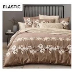 Set Lenjerie Pat Dublu Bumbac Satinat 4 Piese cu Cearșaf cu Elastic – Model Floral Bej Cappuccino, LES-099