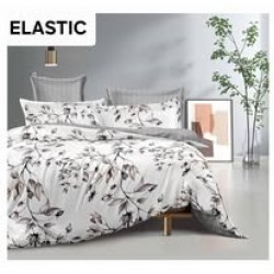 Set Lenjerie Pat Dublu Bumbac Satinat 4 Piese cu Cearșaf cu Elastic – Model Floral Alb-Gri, LES-100