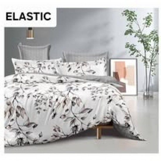 Set Lenjerie Pat Dublu Bumbac Satinat 4 Piese cu Cearșaf cu Elastic – Model Floral Alb-Gri, LES-100 3 lenjerii la 199 lei