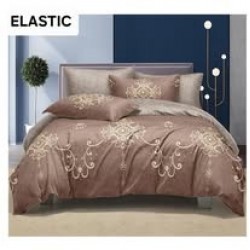Set Lenjerie Pat Dublu Bumbac Satinat 4 Piese cu Cearșaf cu Elastic – Model Baroc Bej Cappuccino, LES-101