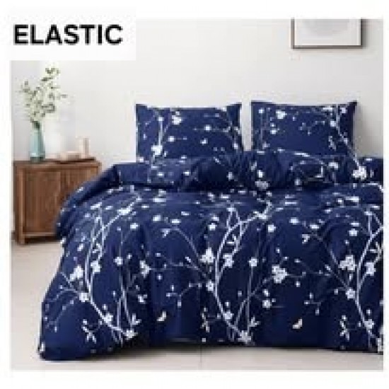 Set Lenjerie Pat Dublu Bumbac Satinat 4 Piese cu Cearșaf cu Elastic – Model Bleumarin cu Flori Albe, LES-102 3 lenjerii la 199 lei