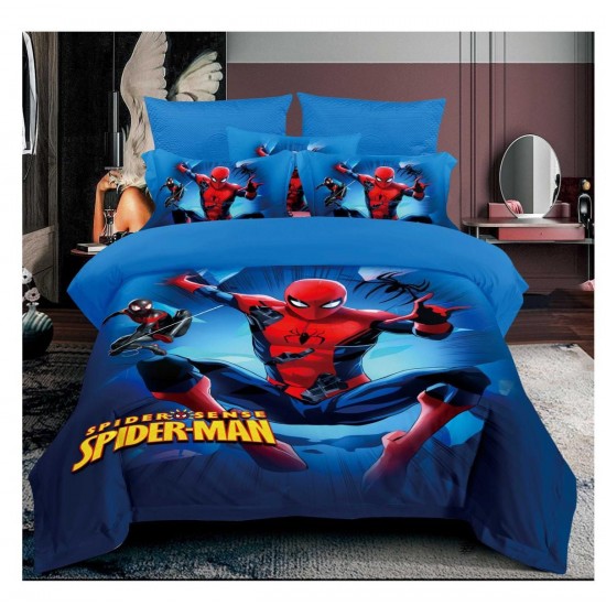 Lenjerie pat dublu, 6 piese, bumbac-finet, Albastru-Rosu, Spiderman, LCC-085 Lenjerii Pentru Copii cu Desene Animate - Finet 6 piese