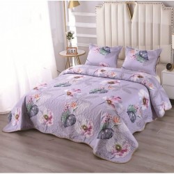 Cuvertură Matlasată  pentru Pat Dublu din Bumbac Satinat + 2 Fețe de Pernă – Model Floral Lila, OCT-049