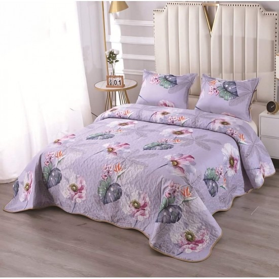 Cuvertură Matlasată  pentru Pat Dublu din Bumbac Satinat + 2 Fețe de Pernă – Model Floral Lila, OCT-049 3 cuverturi la 199 lei