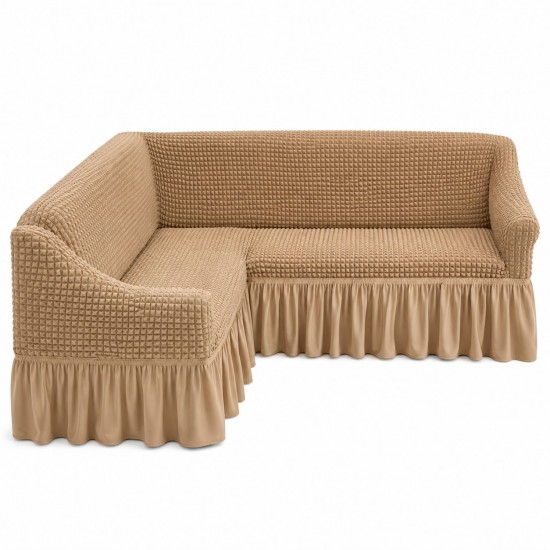 Husa Elastica si Creponata cu Volan pentru Coltar, Bej deschis, HCCV-010 Huse Coltar Creponat cu Volane