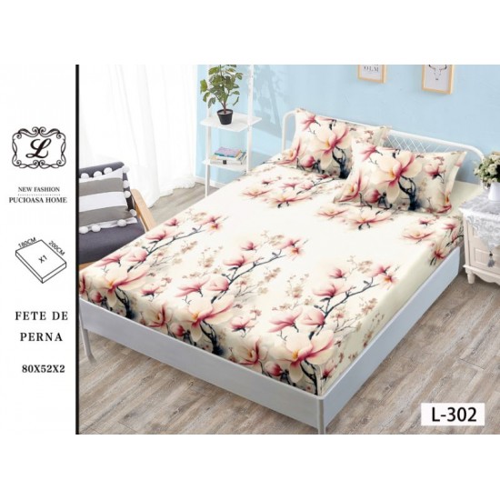 Cearșaf cu Elastic 180x200 cm din Bumbac Satinat + 2 Fețe de Pernă 50x80 cm – Model Magnolia Roz - Crem, OHT-031 3 huse la 159 lei