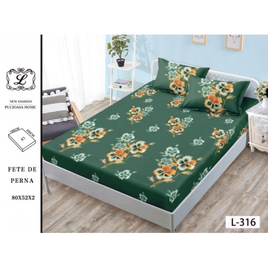 Cearșaf cu Elastic 180x200 cm din Bumbac Satinat + 2 Fețe de Pernă 50x80 cm – Model Floral Verde Smarald, OHT-048 3 huse la 159 lei
