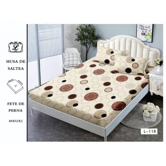 Cearșaf cu Elastic 180x200 cm din Bumbac Satinat + 2 Fețe de Pernă 50x80 cm – Model Geometric Bej cu Cercuri, OHT-043 3 huse la 159 lei