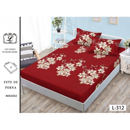 Cearșaf cu Elastic 180x200 cm din Bumbac Satinat + 2 Fețe de Pernă 50x80 cm – Model Floral Bordo cu Flori Albe, OHT-021 3 huse la 159 lei