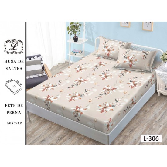 Cearșaf cu Elastic 180x200 cm din Bumbac Satinat + 2 Fețe de Pernă 50x80 cm – Model Floral Bej Elegant, OHT-067 3 huse la 159 lei