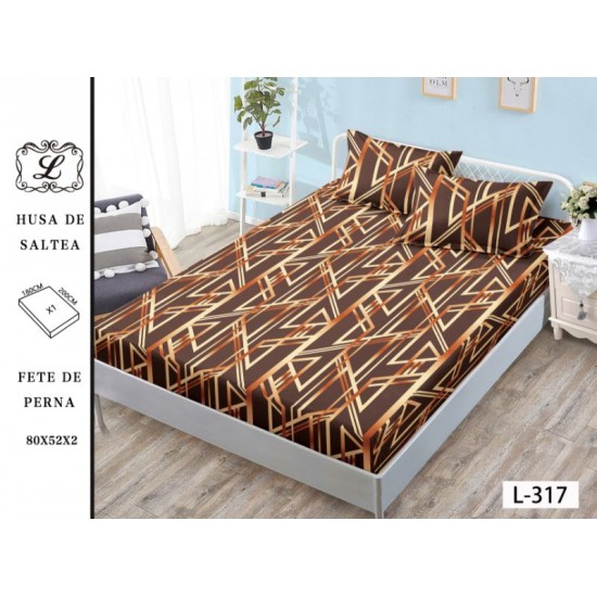 Cearșaf cu Elastic 180x200 cm din Bumbac Satinat + 2 Fețe de Pernă 50x80 cm – Model Geometric Maro, OHT-069 3 huse la 159 lei