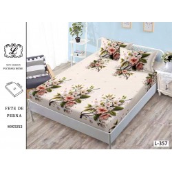 Cearșaf cu Elastic Bumbac Satinat 180x200 cm + 2 Fețe de Pernă – Model Floral Elegant Roz Pudrat & Verde, OHT-115