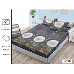 Cearșaf cu Elastic Bumbac Satinat 180x200 cm + 2 Fețe de Pernă – Model Păpădii și Fluturi pe Gri, OHT-116