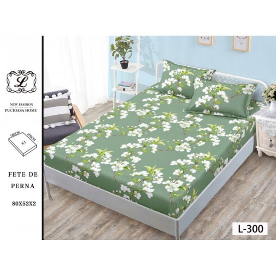 Cearșaf cu Elastic Bumbac Satinat 180x200 cm + 2 Fețe de Pernă – Model Floral Verde Salvie cu Flori Albe, OHT-117 3 huse la 159 lei