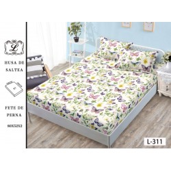 Cearșaf cu Elastic Bumbac Satinat 180x200 cm + 2 Fețe de Pernă – Model Fluturi Multicolori și Flori, OHT-118