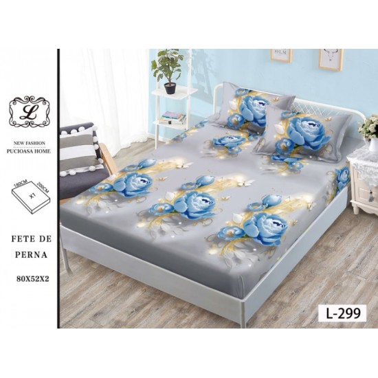 Cearșaf cu Elastic Bumbac Satinat 180x200 cm + 2 Fețe de Pernă – Model Trandafiri Albaștri - Gri Perlat, OHT-119 3 huse la 159 lei