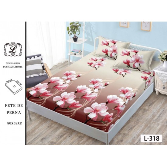 Cearșaf cu Elastic Bumbac Satinat 180x200 cm + 2 Fețe de Pernă – Model Magnolii Roz Elegante, Bej-Cappuccino, OHT-120 3 huse la 159 lei