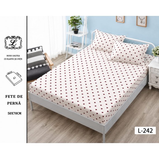 Cearșaf cu Elastic Bumbac Satinat 180x200 cm + 2 Fețe de Pernă – Model Inimioare Bordo pe Fundal Alb, OHT-121 3 huse la 159 lei