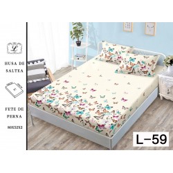 Cearșaf cu Elastic Bumbac Satinat 180x200 cm + 2 Fețe de Pernă – Model Fluturi Multicolori pe Fundal Crem, OHT-122