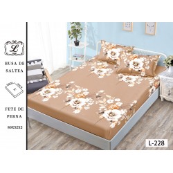 Cearșaf cu Elastic Bumbac Satinat 180x200 cm + 2 Fețe de Pernă – Model Floral Bej Elegant, OHT-123