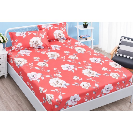 Husa pat cu elastic, Bumbac FINET, 160x200cm, 2 fete de perne 50x70cm, Portocaliu-Alb, flori, OHT-025 3 huse la 159 lei