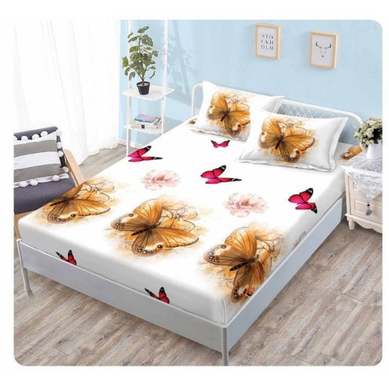 Cearșaf cu Elastic Bumbac Satinat 180x200 cm + 2 Fețe de Pernă – Model Fluturi Aurii Eleganți, OHT-125 3 huse la 159 lei