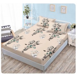 Cearșaf cu Elastic Bumbac Satinat 180x200 cm + 2 Fețe de Pernă – Model Floral Bej Elegant cu Flori Albe, OHT-126