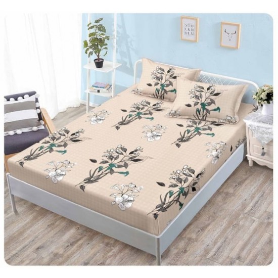 Cearșaf cu Elastic Bumbac Satinat 180x200 cm + 2 Fețe de Pernă – Model Floral Bej Elegant cu Flori Albe, OHT-126 3 huse la 159 lei
