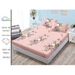 Cearșaf cu Elastic Bumbac Satinat 180x200 cm + 2 Fețe de Pernă – Model Orhidee Roz, OHT-127