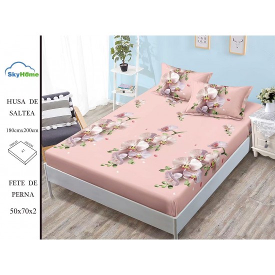 Cearșaf cu Elastic Bumbac Satinat 180x200 cm + 2 Fețe de Pernă – Model Orhidee Roz, OHT-127 3 huse la 159 lei