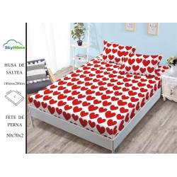Cearșaf cu Elastic Bumbac Satinat 180x200 cm + 2 Fețe de Pernă – Model Inimi Roșii Romantic, OHT-128