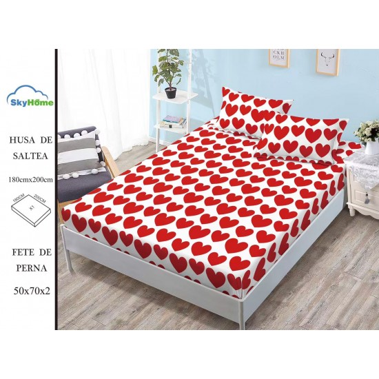 Cearșaf cu Elastic Bumbac Satinat 180x200 cm + 2 Fețe de Pernă – Model Inimi Roșii Romantic, OHT-128 3 huse la 159 lei