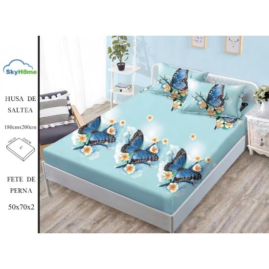 Cearșaf cu Elastic Bumbac Satinat 180x200 cm + 2 Fețe de Pernă – Model Fluturi Albaștri, OHT-130 3 huse la 159 lei
