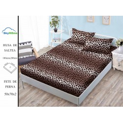 Cearșaf cu Elastic Bumbac Satinat 180x200 cm + 2 Fețe de Pernă – Model Leopard Maro, OHT-131
