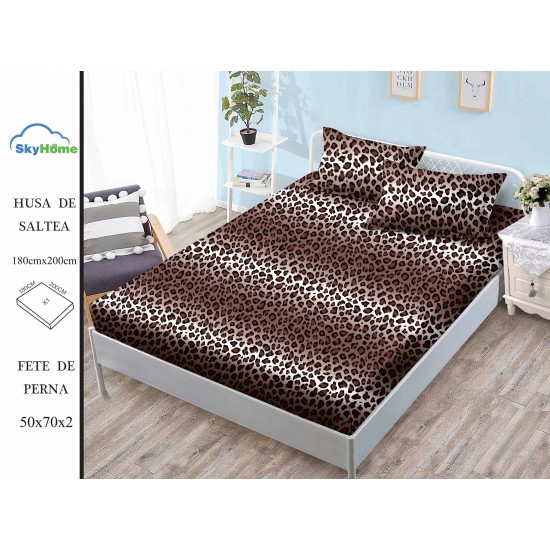 Cearșaf cu Elastic Bumbac Satinat 180x200 cm + 2 Fețe de Pernă – Model Leopard Maro, OHT-131 3 huse la 159 lei