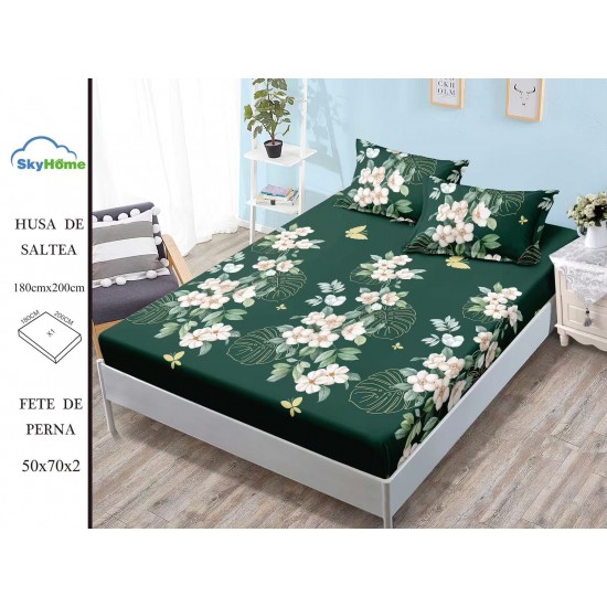 Cearșaf cu Elastic Bumbac Satinat 180x200 cm + 2 Fețe de Pernă – Model Floral Verde Smarald, OHT-132 3 huse la 159 lei