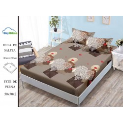 Cearșaf cu Elastic Bumbac Satinat 180x200 cm + 2 Fețe de Pernă – Model Inimi Romantice, OHT-133