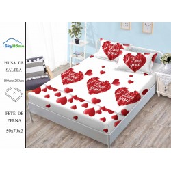 Cearșaf cu Elastic Bumbac Satinat 180x200 cm + 2 Fețe de Pernă – Model Inini Rosii, OHT-134