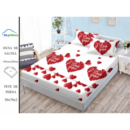 Cearșaf cu Elastic Bumbac Satinat 180x200 cm + 2 Fețe de Pernă – Model Inini Rosii, OHT-134 3 huse la 159 lei