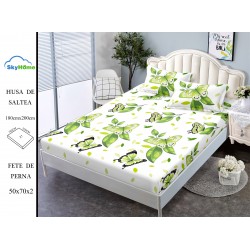 Cearșaf cu Elastic Bumbac Satinat 180x200 cm + 2 Fețe de Pernă – Model Fluturi Verzi și Frunze, OHT-136