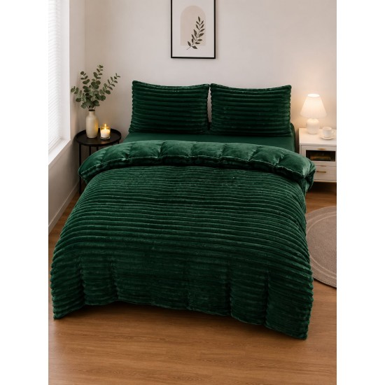 Set Lenjerie Pufoasă Cocolino cu Elastic 4 Piese, Pat Dublu, Verde smarald, Model Dungi Reliefati, LEC-166 Lenjerii Cocolino 4 piese cu ELASTIC