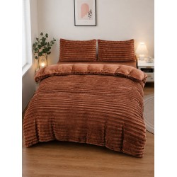 Set Lenjerie Pufoasă Cocolino cu Elastic 4 Piese, Pat Dublu, Maro, Model Dungi Reliefati, LEC-165