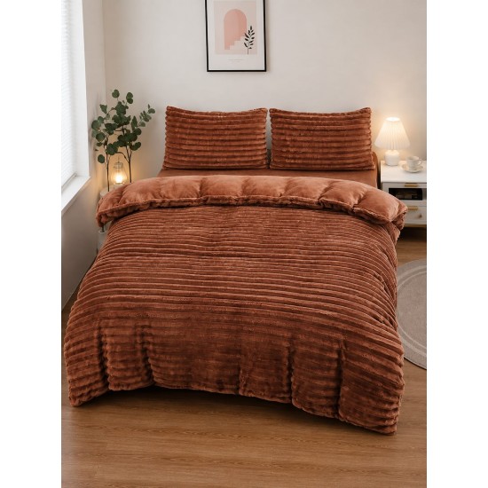 Set Lenjerie Pufoasă Cocolino cu Elastic 4 Piese, Pat Dublu, Maro, Model Dungi Reliefati, LEC-165 Lenjerii Cocolino 4 piese cu ELASTIC