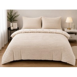 Set Lenjerie Pufoasă Cocolino cu Elastic 4 Piese, Pat Dublu, Crem, Model Dungi Reliefati, LEC-163