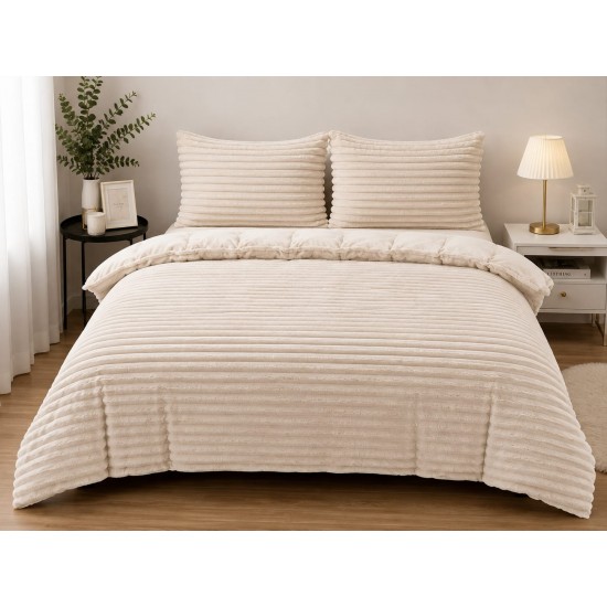 Set Lenjerie Pufoasă Cocolino cu Elastic 4 Piese, Pat Dublu, Crem, Model Dungi Reliefati, LEC-163 Lenjerii Cocolino 4 piese cu ELASTIC