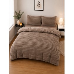 Set Lenjerie Pufoasă Cocolino cu Elastic 4 Piese, Pat Dublu, Bej, Model Dungi Reliefati, LEC-160