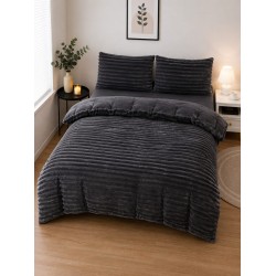 Set Lenjerie Pufoasă Cocolino cu Elastic 4 Piese, Pat Dublu – Model Dungi Reliefate, Gri Inchis, LEC-067