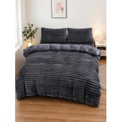 Set Lenjerie Pufoasă Cocolino cu Elastic 4 Piese, Pat Dublu, Gri antracit, Model Dungi Reliefati, LEC-161