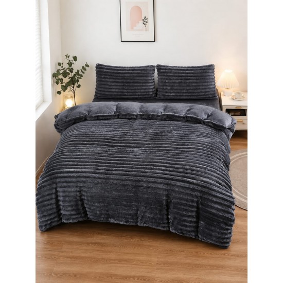 Set Lenjerie Pufoasă Cocolino cu Elastic 4 Piese, Pat Dublu, Gri antracit, Model Dungi Reliefati, LEC-161 Lenjerii Cocolino 4 piese cu ELASTIC